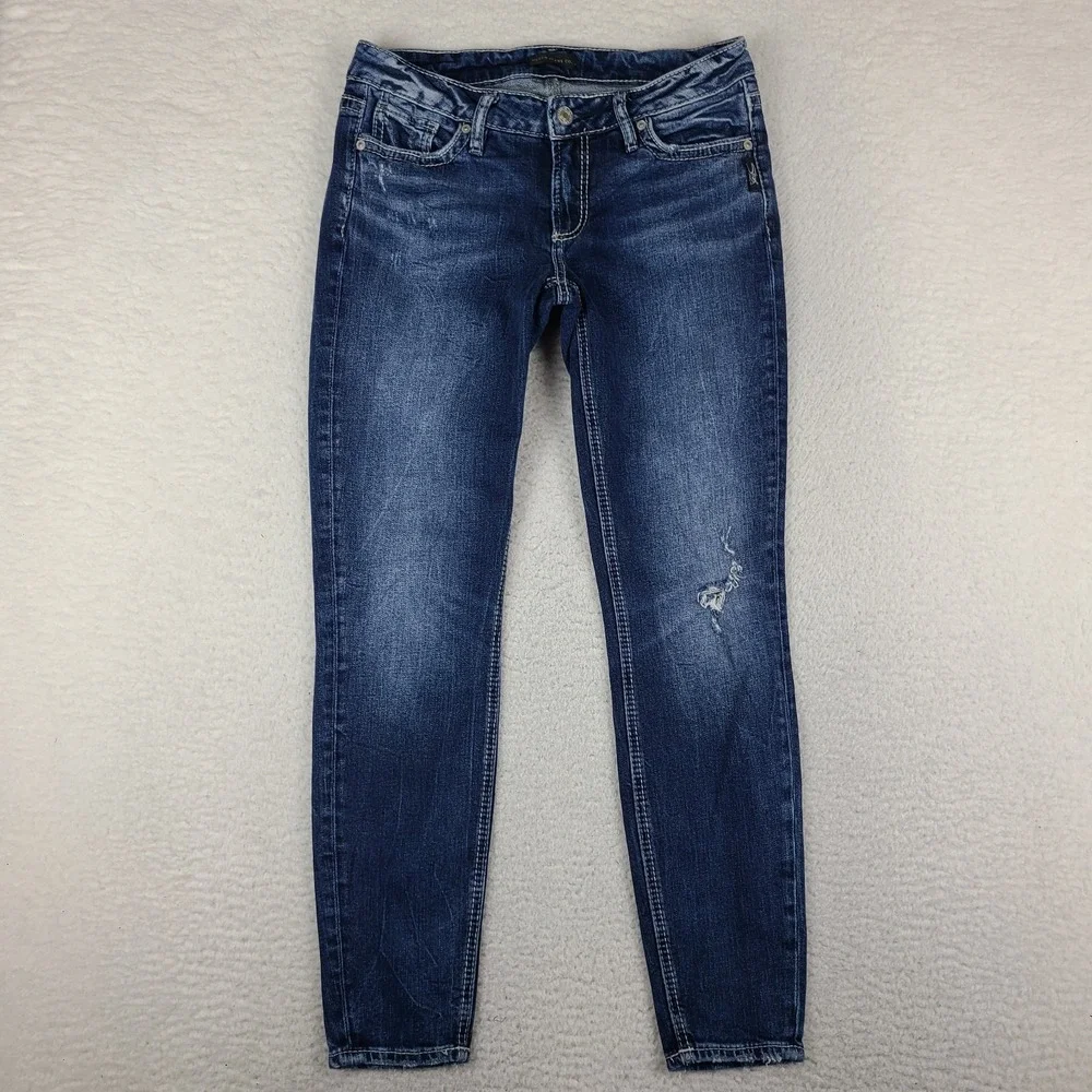 Silver Jeans Womens 28x29 Blue Elyse Skinny Distress Dark Wash Denim